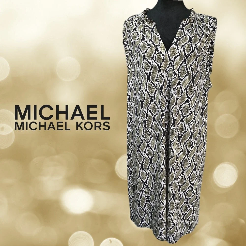 Michael‎ Kors Womens Snakeskin Print Ruffle Sleeve Shift Dress Olive 2X NEW